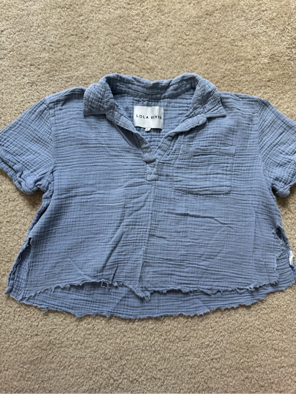 Lola River Dusty Blue Gauze Cropped Polo Top